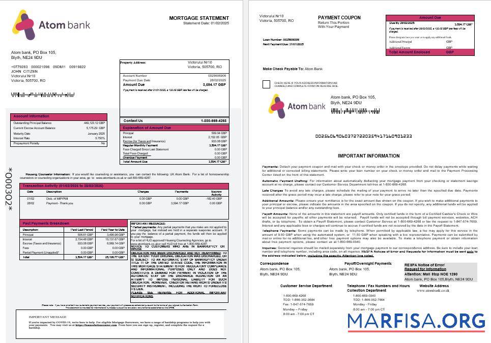 Printable UK Atom Bank mortgage statement in Word and PDF formats 1 2 example